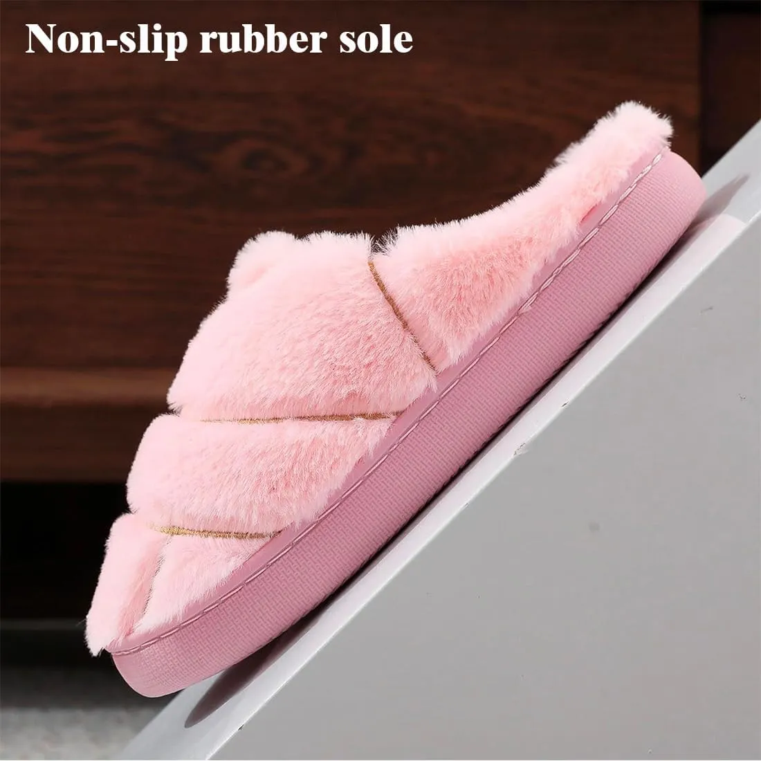 Unisex Adult Concha Slippers - Pink, Faux Fur, Memory Foam, Casual, Round Toe, Pull-On
