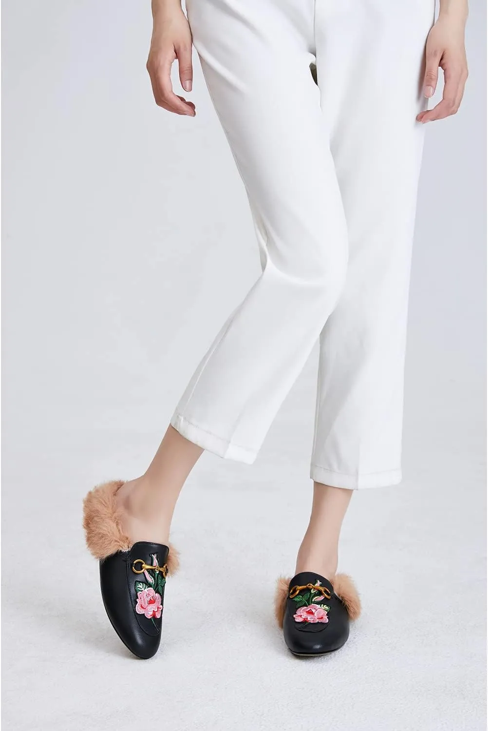 Vertundy Fur Mules with Matal Buckle Slip On Flats for Women Backless Sandals Dress Shoes Work Slides