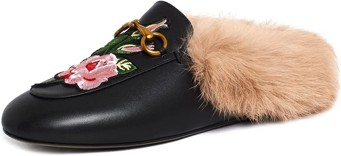 Vertundy Fur Mules with Matal Buckle Slip On Flats for Women Backless Sandals Dress Shoes Work Slides