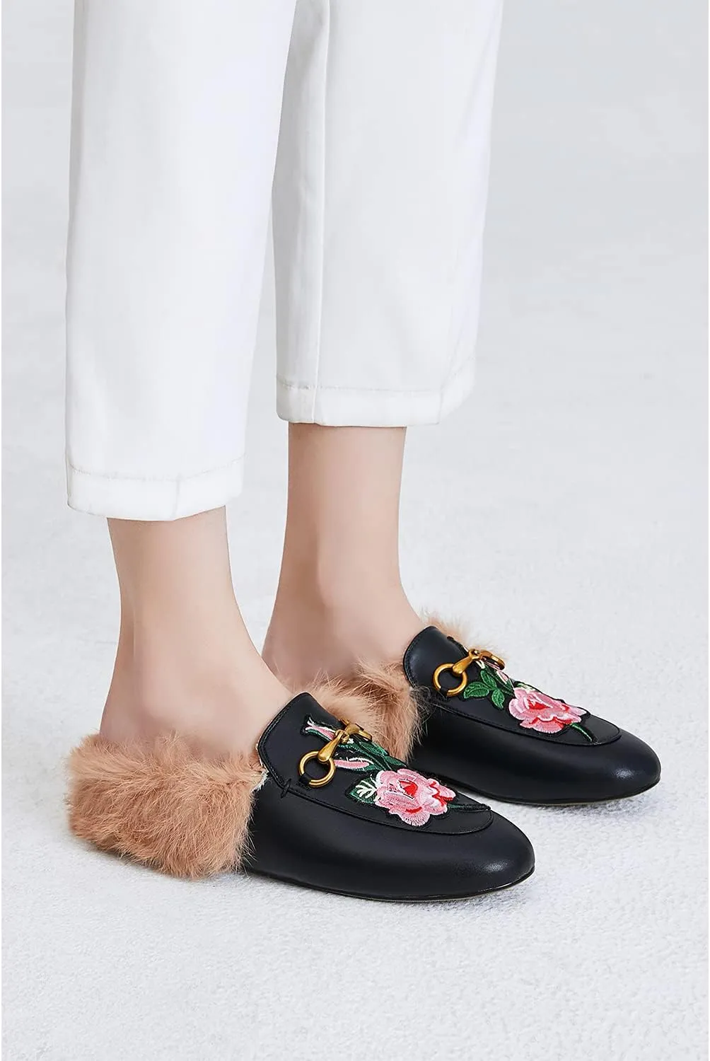 Vertundy Fur Mules with Matal Buckle Slip On Flats for Women Backless Sandals Dress Shoes Work Slides
