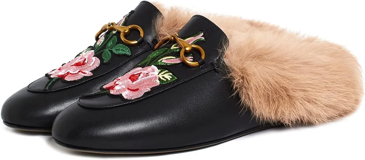 Vertundy Fur Mules with Matal Buckle Slip On Flats for Women Backless Sandals Dress Shoes Work Slides