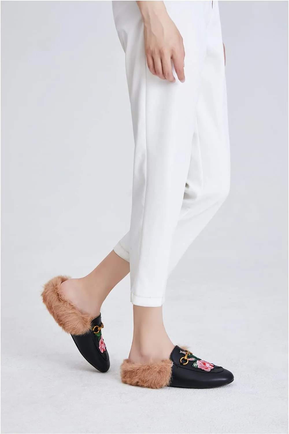 Vertundy Fur Mules with Matal Buckle Slip On Flats for Women Backless Sandals Dress Shoes Work Slides