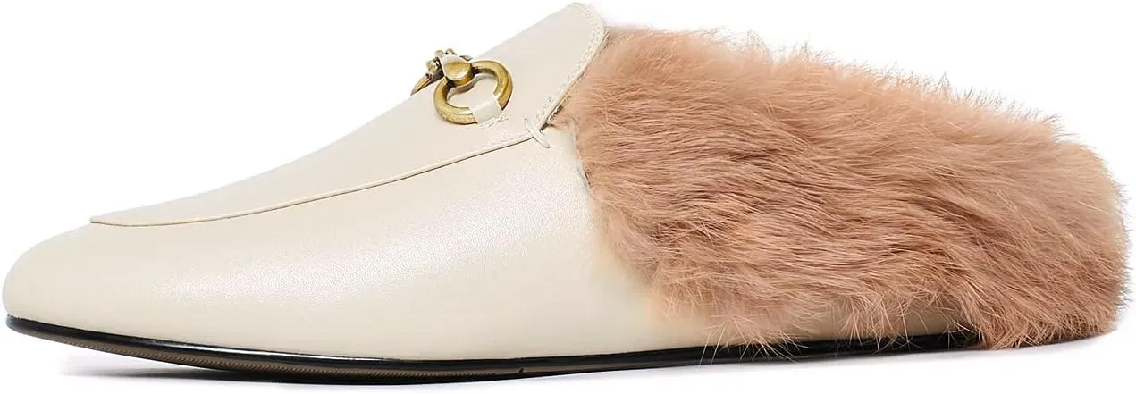 Vertundy Fur Mules with Matal Buckle Slip On Flats for Women Backless Sandals Dress Shoes Work Slides