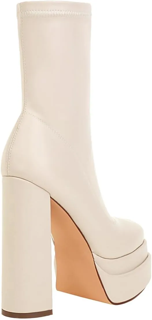 vivianly Women's Platform Mid Calf Boots Square Toe Chunky Heel Ankle Boots with Side Zipper Stretch Short Go Go Boot