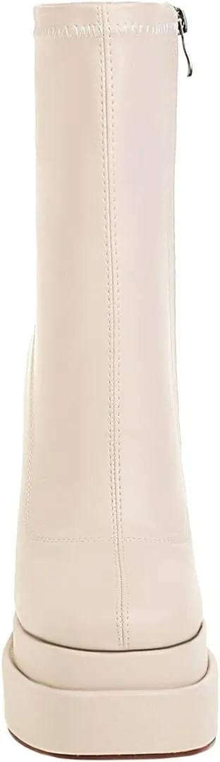 vivianly Women's Platform Mid Calf Boots Square Toe Chunky Heel Ankle Boots with Side Zipper Stretch Short Go Go Boot