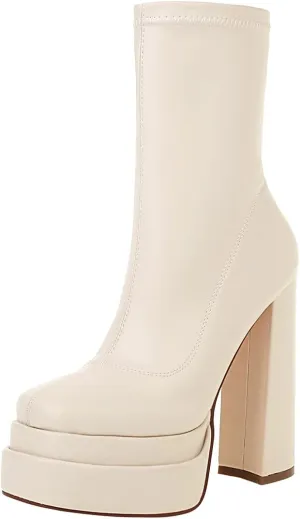 vivianly Women's Platform Mid Calf Boots Square Toe Chunky Heel Ankle Boots with Side Zipper Stretch Short Go Go Boot