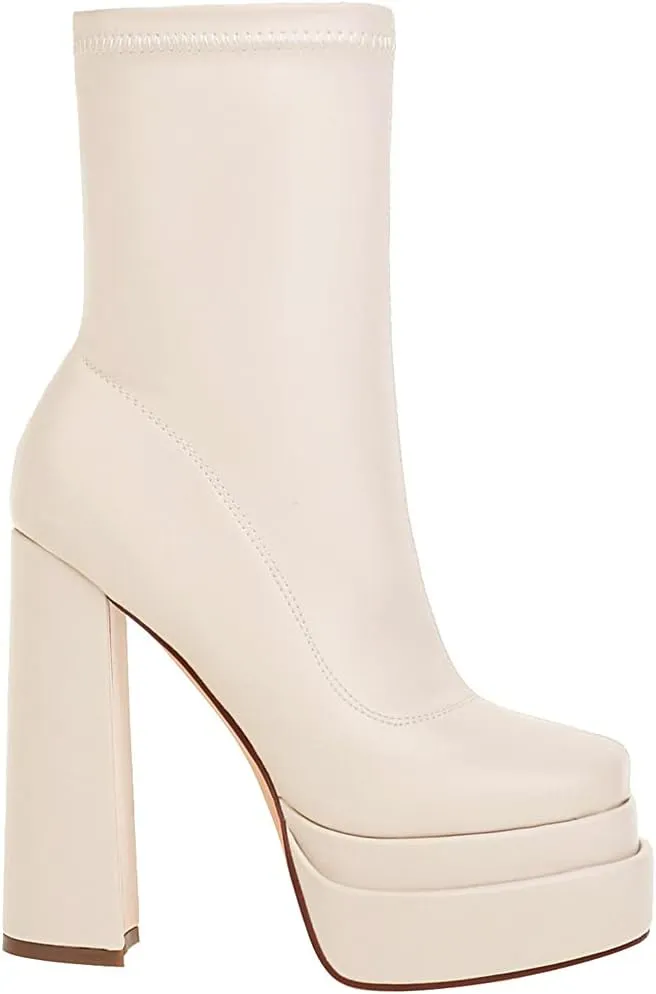 vivianly Women's Platform Mid Calf Boots Square Toe Chunky Heel Ankle Boots with Side Zipper Stretch Short Go Go Boot