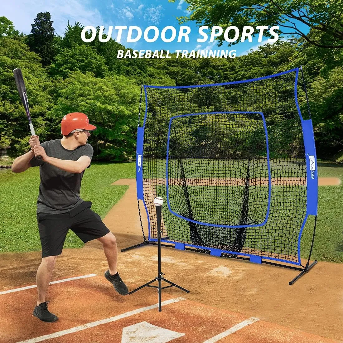 VIVOHOME Baseball Softball Batting Net - 7x7 Ft Baseball Backstop, Softball Practice Net for Hitting, Pitching, Throwing with Batting Tee and Carry Bag
