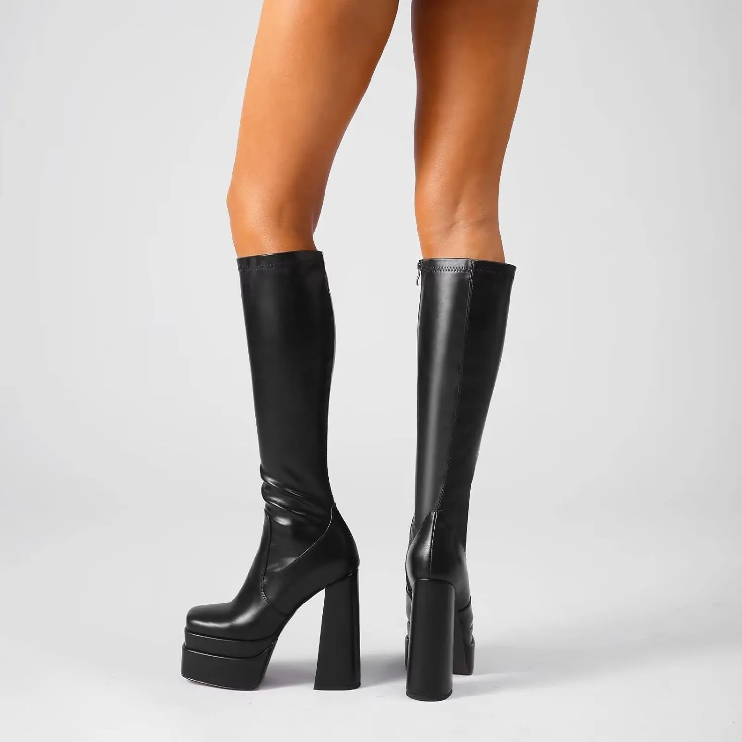wetkiss Platform Knee High Boots Women Chunky High Heel Black Boots for Women Gogo Boot with Side Zipper Stretchy Boot Not for Bigger Wide Calf