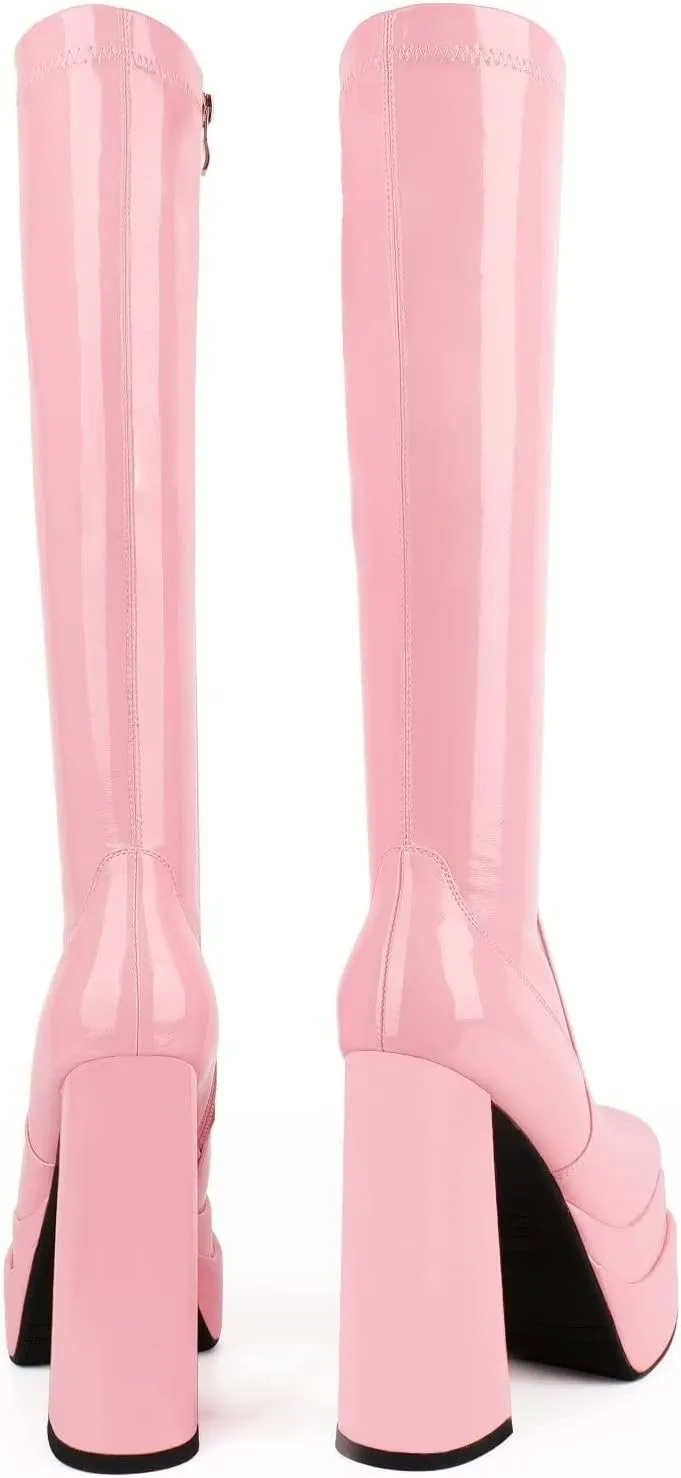 wetkiss Platform Knee High Boots Women Chunky High Heel Black Boots for Women Gogo Boot with Side Zipper Stretchy Boot Not for Bigger Wide Calf