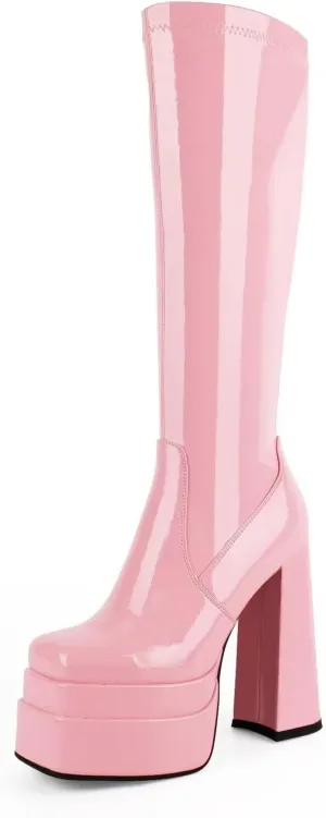 wetkiss Platform Knee High Boots Women Chunky High Heel Black Boots for Women Gogo Boot with Side Zipper Stretchy Boot Not for Bigger Wide Calf