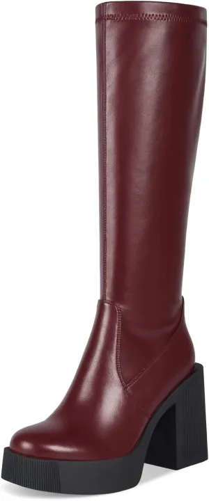 wetkiss Platform Knee High Boots Women Chunky High Heel Black Boots for Women Gogo Boot with Side Zipper Stretchy Boot Not for Bigger Wide Calf