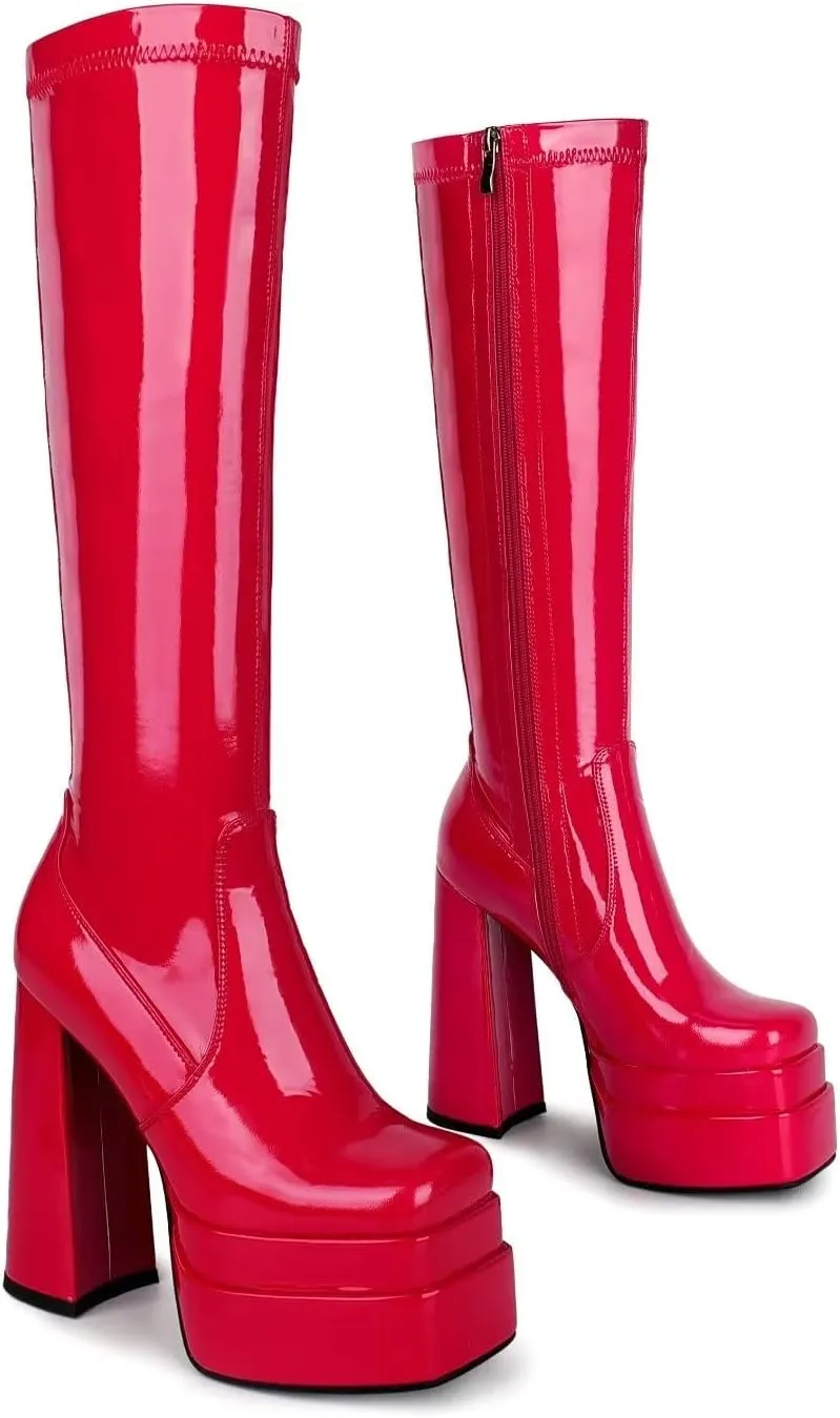 wetkiss Platform Knee High Boots Women Chunky High Heel Black Boots for Women Gogo Boot with Side Zipper Stretchy Boot Not for Bigger Wide Calf