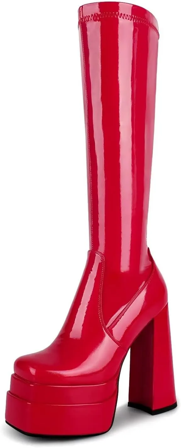 wetkiss Platform Knee High Boots Women Chunky High Heel Black Boots for Women Gogo Boot with Side Zipper Stretchy Boot Not for Bigger Wide Calf