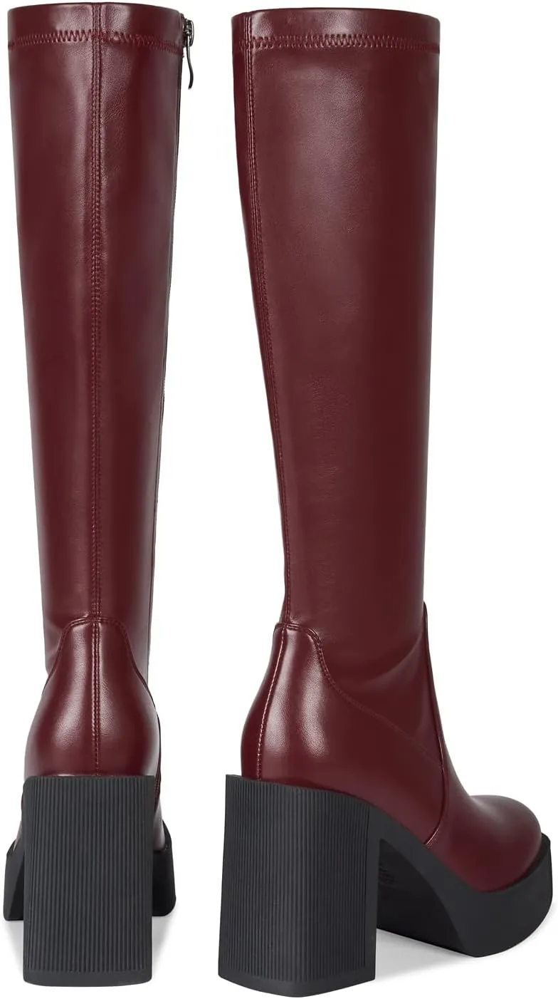 wetkiss Platform Knee High Boots Women Chunky High Heel Black Boots for Women Gogo Boot with Side Zipper Stretchy Boot Not for Bigger Wide Calf