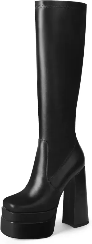 wetkiss Platform Knee High Boots Women Chunky High Heel Black Boots for Women Gogo Boot with Side Zipper Stretchy Boot Not for Bigger Wide Calf