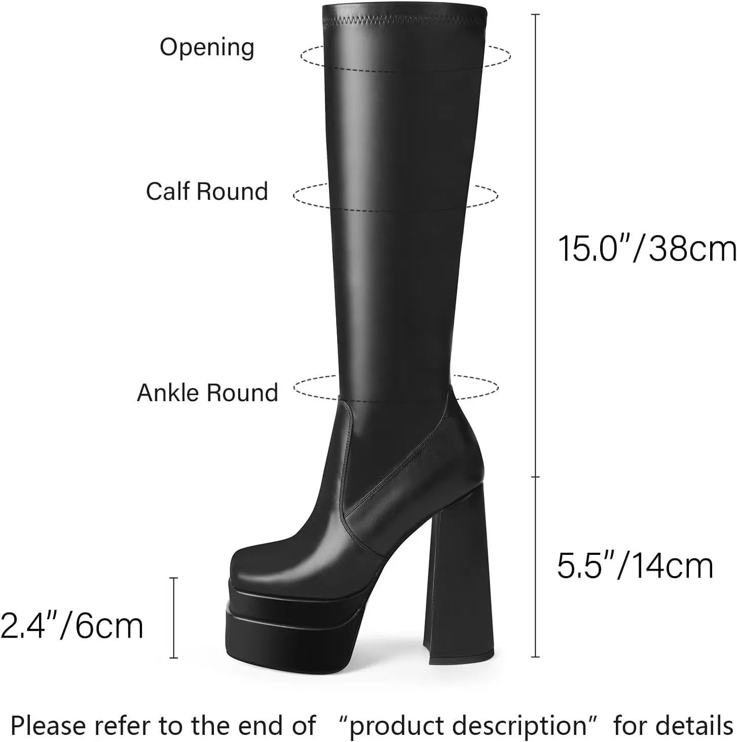 wetkiss Platform Knee High Boots Women Chunky High Heel Black Boots for Women Gogo Boot with Side Zipper Stretchy Boot Not for Bigger Wide Calf