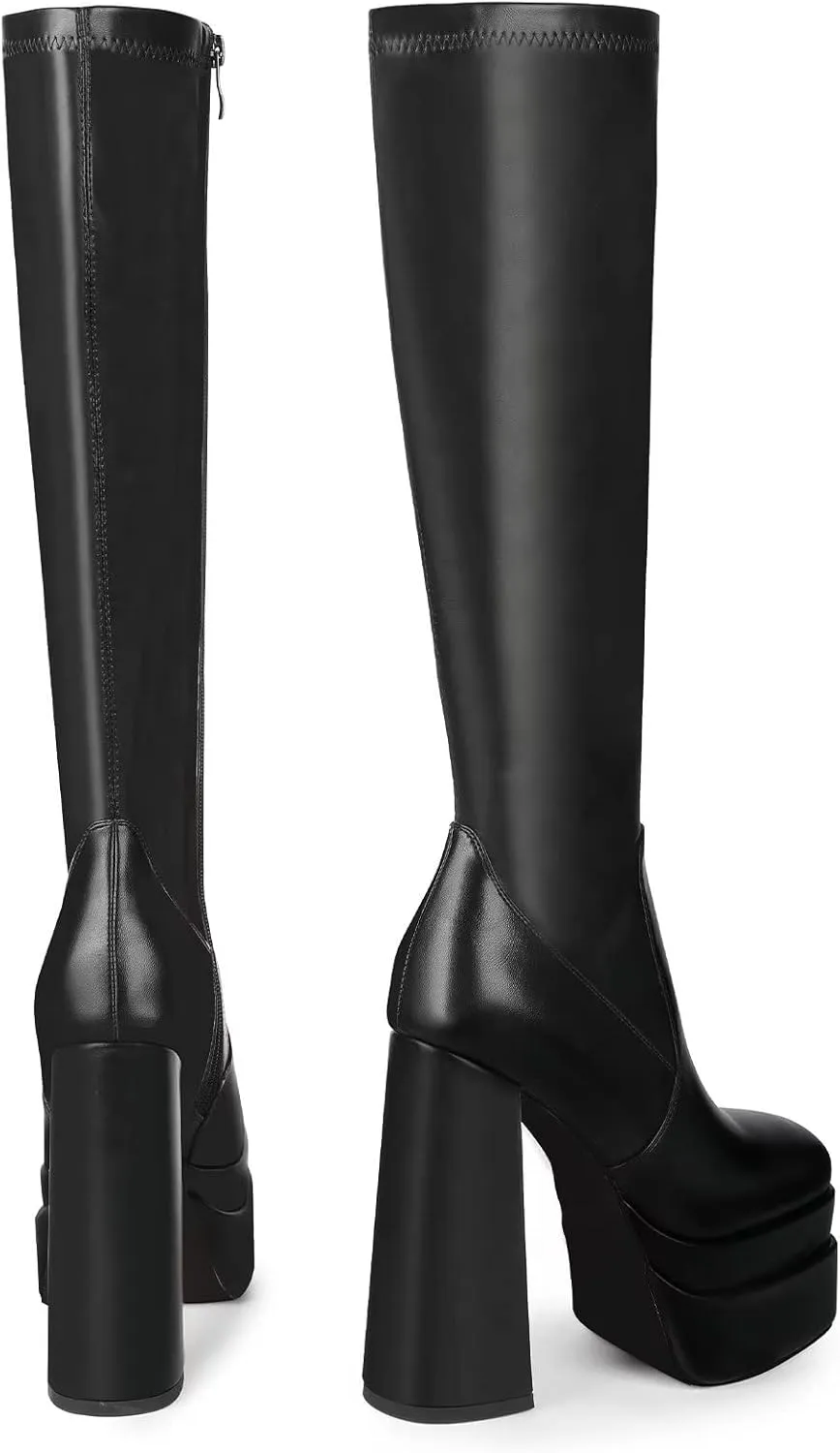 wetkiss Platform Knee High Boots Women Chunky High Heel Black Boots for Women Gogo Boot with Side Zipper Stretchy Boot Not for Bigger Wide Calf