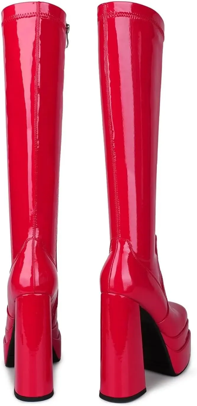 wetkiss Platform Knee High Boots Women Chunky High Heel Black Boots for Women Gogo Boot with Side Zipper Stretchy Boot Not for Bigger Wide Calf