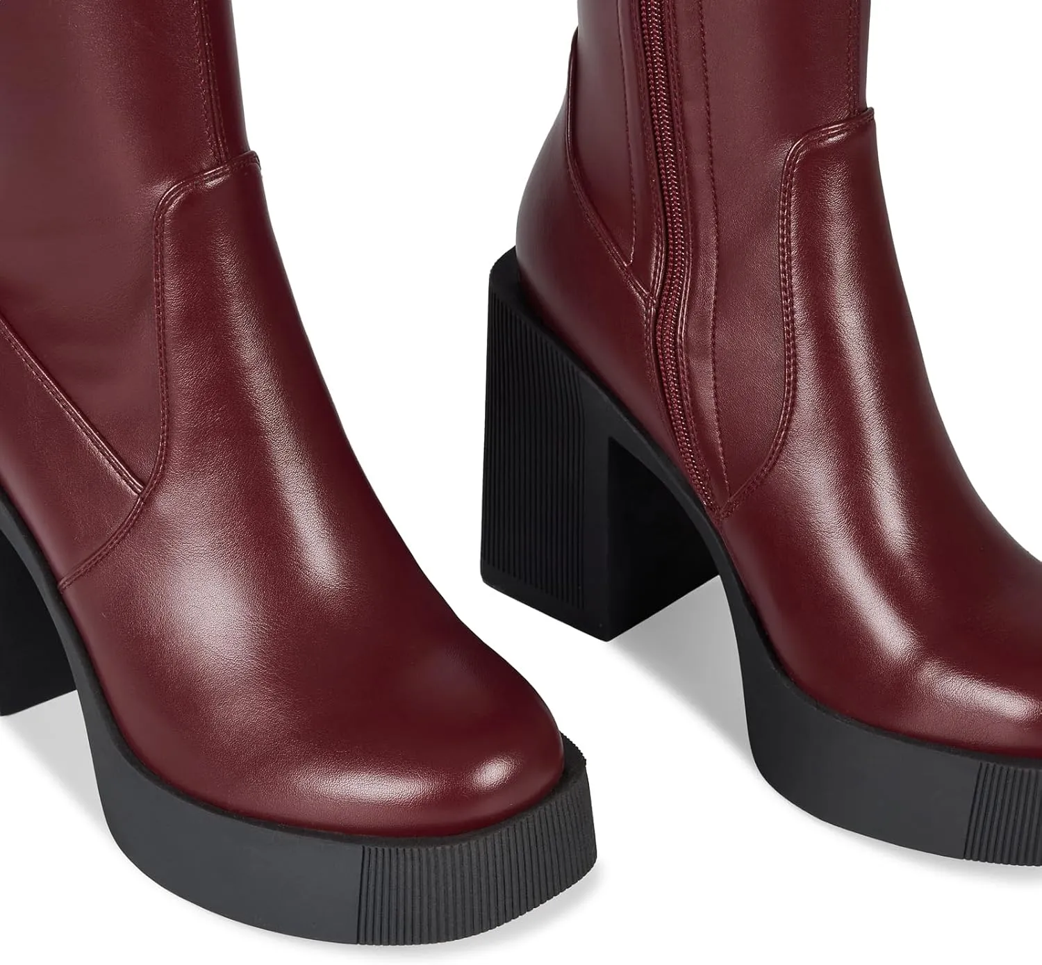 wetkiss Platform Knee High Boots Women Chunky High Heel Black Boots for Women Gogo Boot with Side Zipper Stretchy Boot Not for Bigger Wide Calf