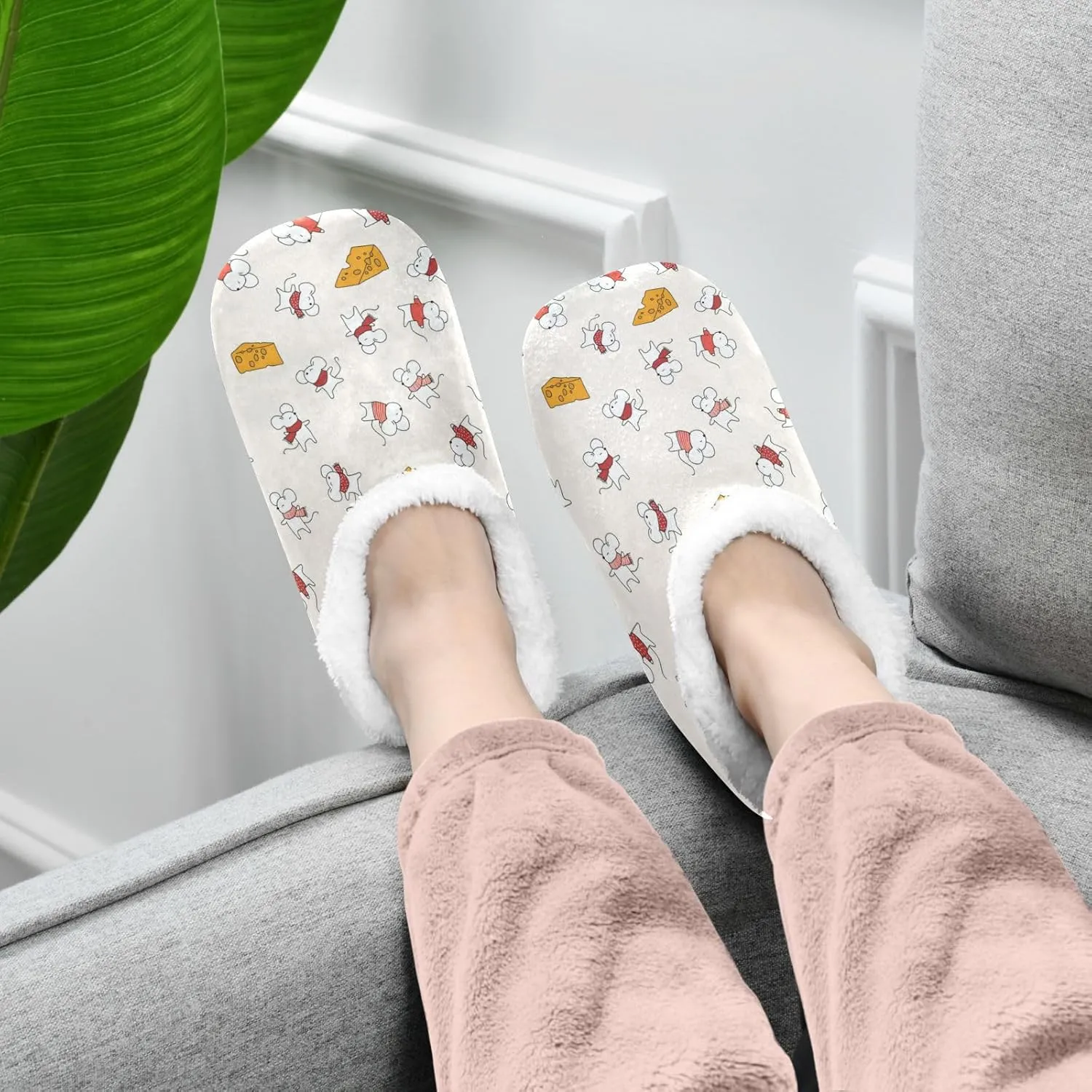 White Red Mouse Mice Cheese Indoor House Slippers Spa Winter Slipper Home Slippers Soft Memory Foam Slipper Non Slip for Travel Hotel Bedroom Shoes M