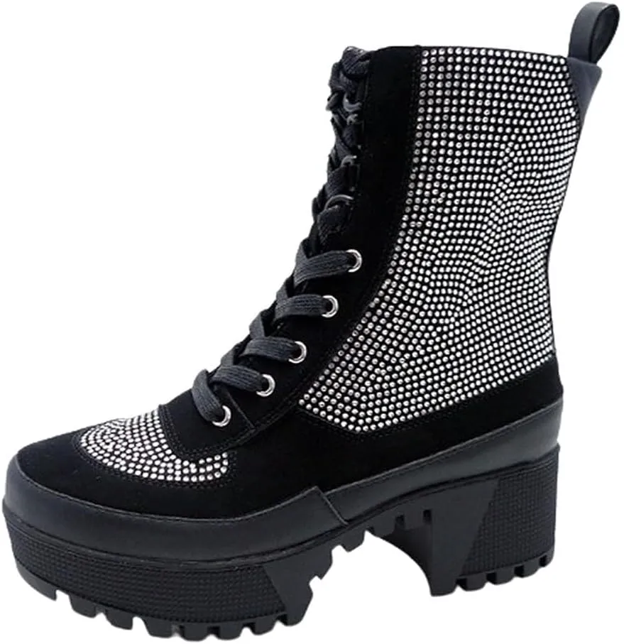 Wild Diva Women Rhinestone Lace Up Lug-Sole Chunky Block Heel Combat Ankle Boots