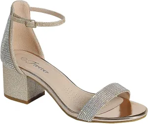 Women Rhinestone Open Toe Low Block Heel Sandal