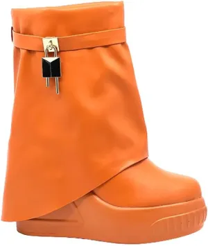 Women Round Toe Wedge Heel Fold Over Mid-calf Pull On Boots