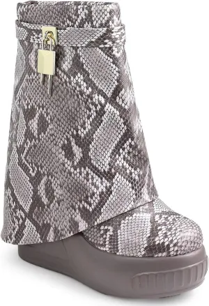 Women Round Toe Wedge Heel Fold Over Mid-calf Pull On Boots