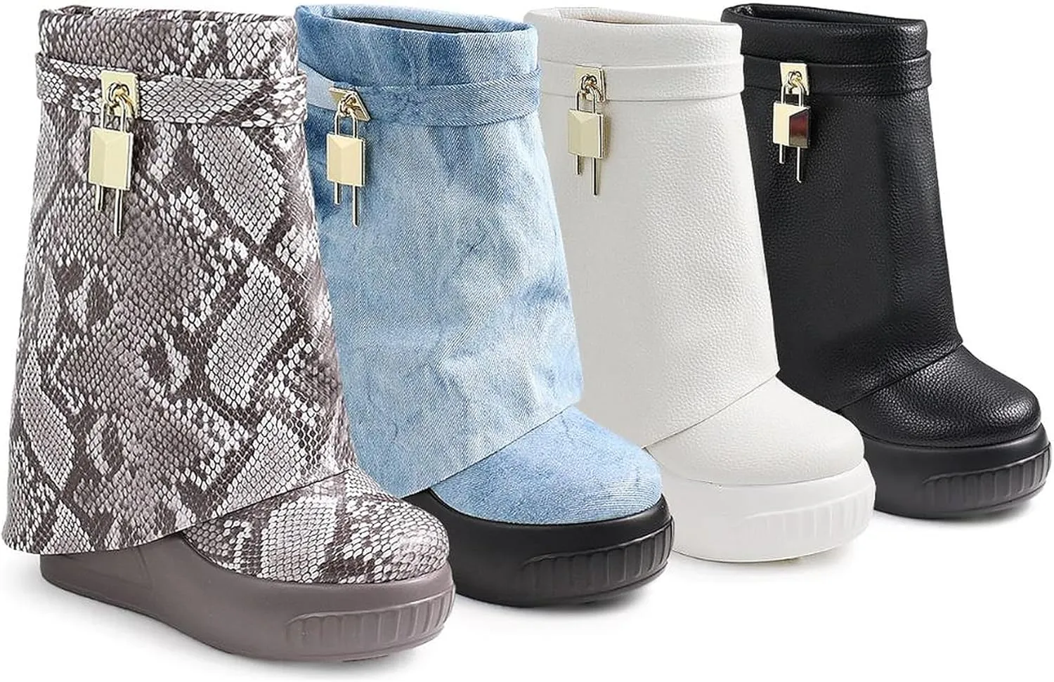Women Round Toe Wedge Heel Fold Over Mid-calf Pull On Boots