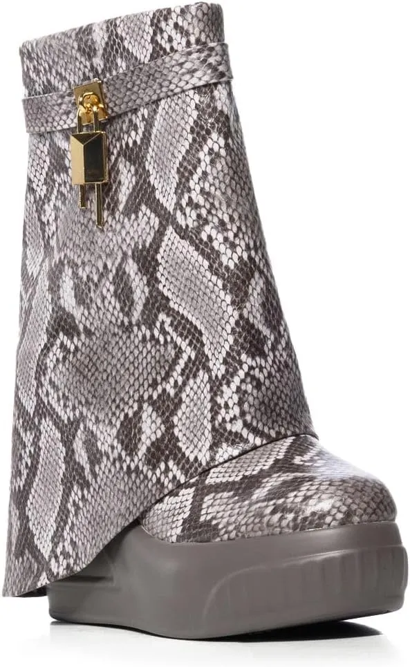 Women Round Toe Wedge Heel Fold Over Mid-calf Pull On Boots
