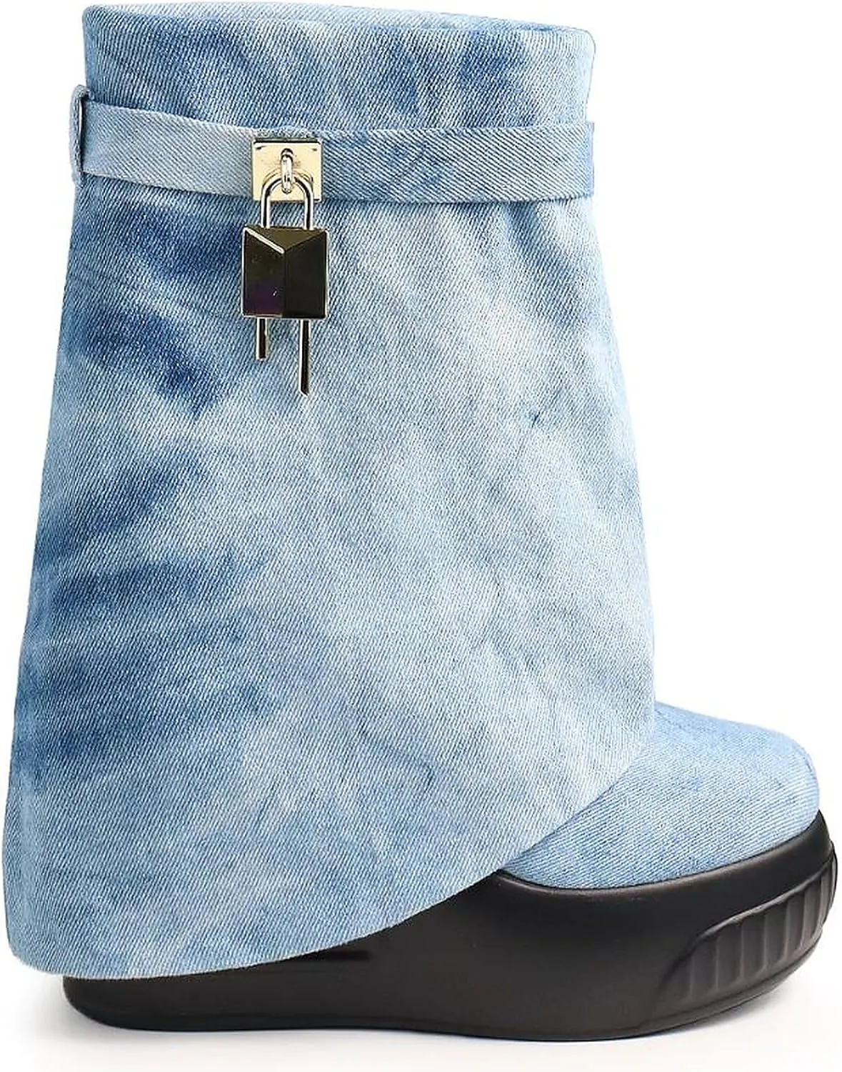 Women Round Toe Wedge Heel Fold Over Mid-calf Pull On Boots