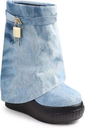 Women Round Toe Wedge Heel Fold Over Mid-calf Pull On Boots
