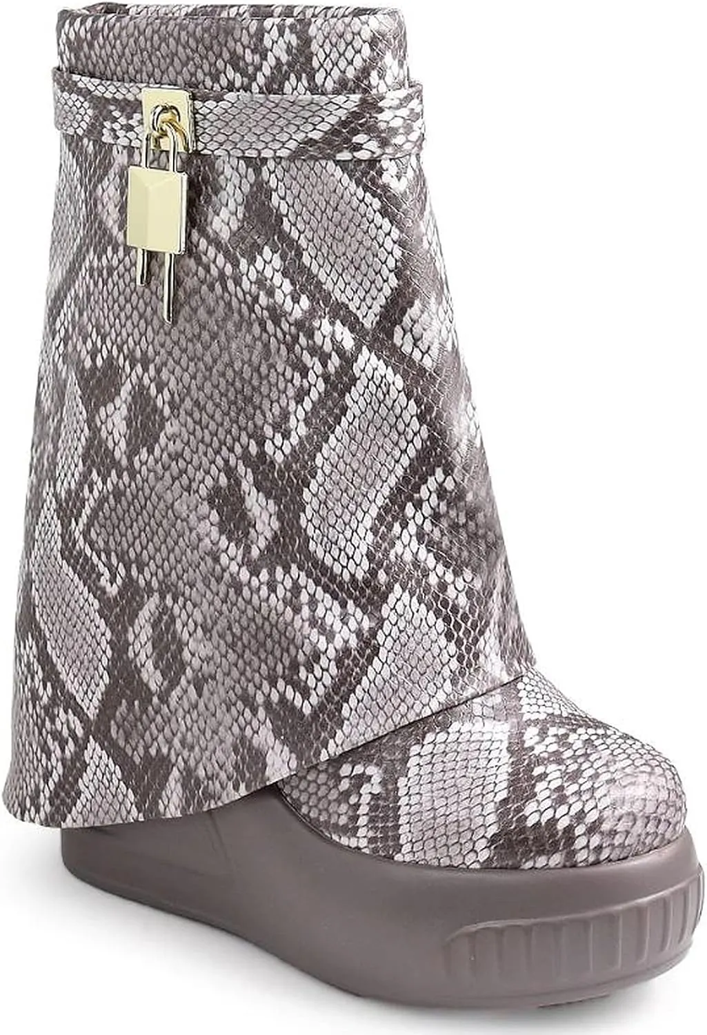 Women Round Toe Wedge Heel Fold Over Mid-calf Pull On Boots