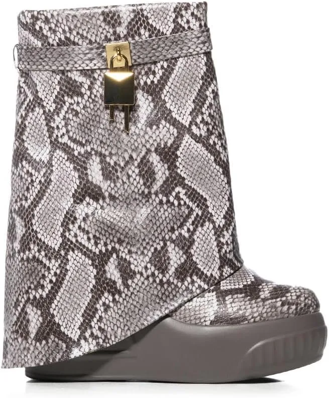 Women Round Toe Wedge Heel Fold Over Mid-calf Pull On Boots