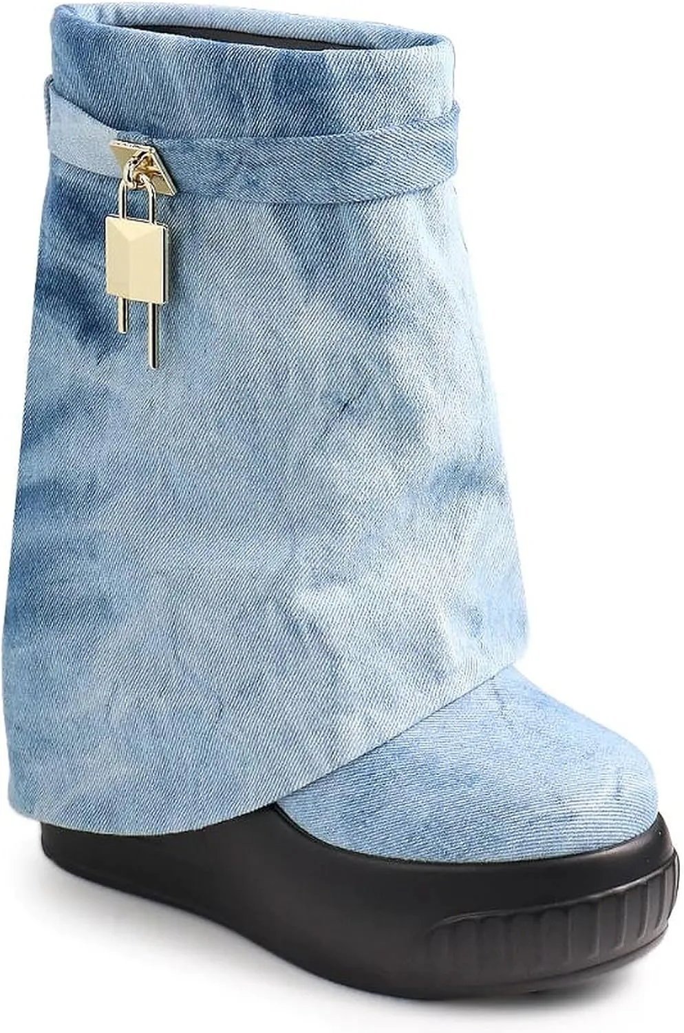 Women Round Toe Wedge Heel Fold Over Mid-calf Pull On Boots