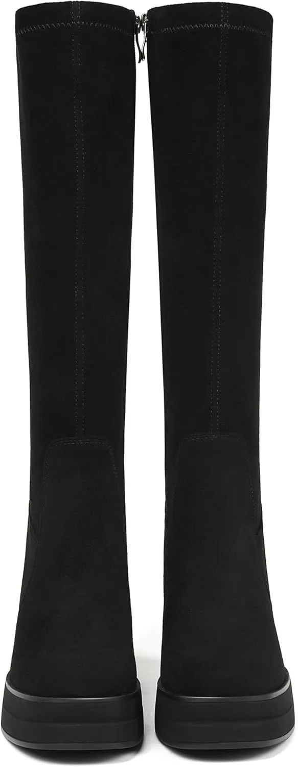 Women's Black Platform Knee High Boots Womens High Chunky Heel Square Toe Stretchy Platform Long Boots Shoes for Women(not for wide calf)