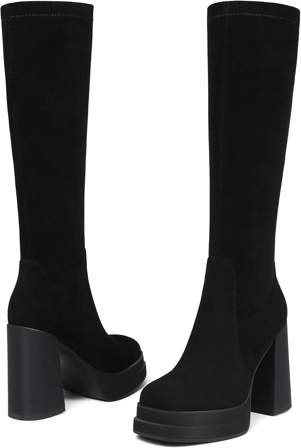 Women's Black Platform Knee High Boots Womens High Chunky Heel Square Toe Stretchy Platform Long Boots Shoes for Women(not for wide calf)