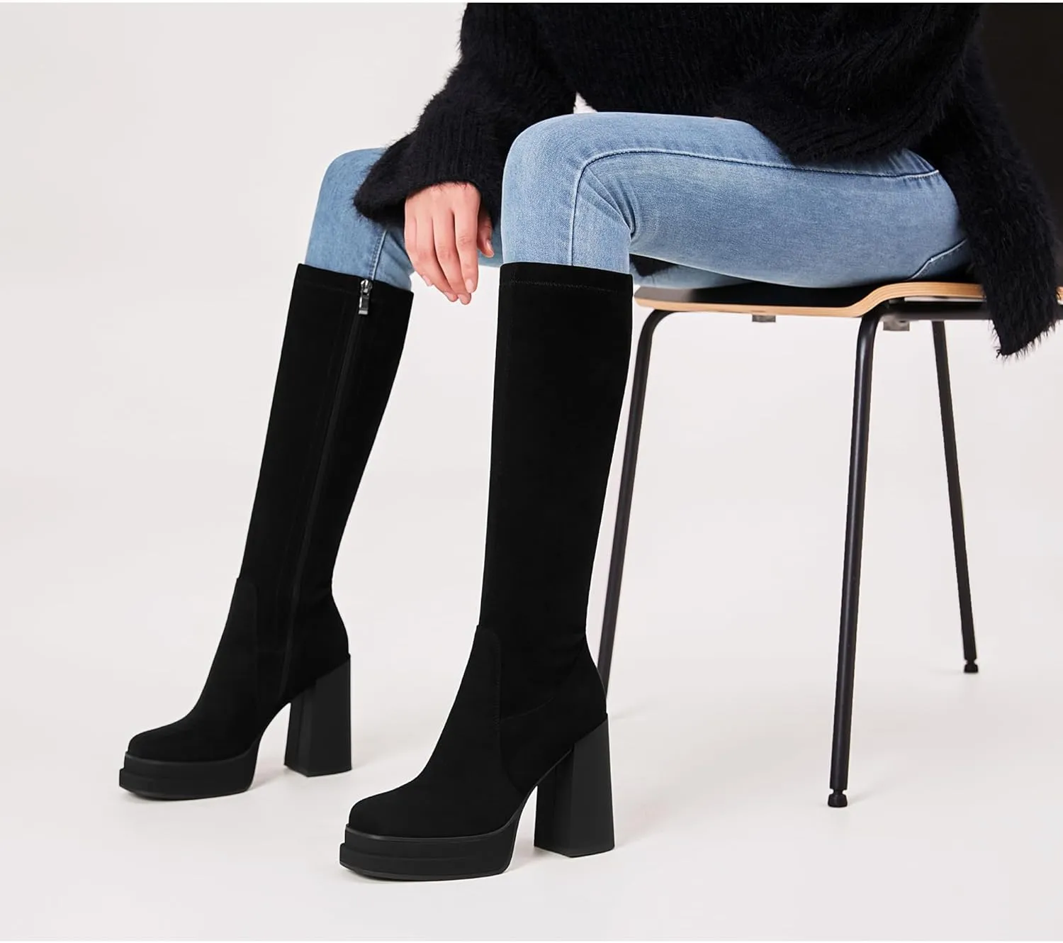 Women's Black Platform Knee High Boots Womens High Chunky Heel Square Toe Stretchy Platform Long Boots Shoes for Women(not for wide calf)