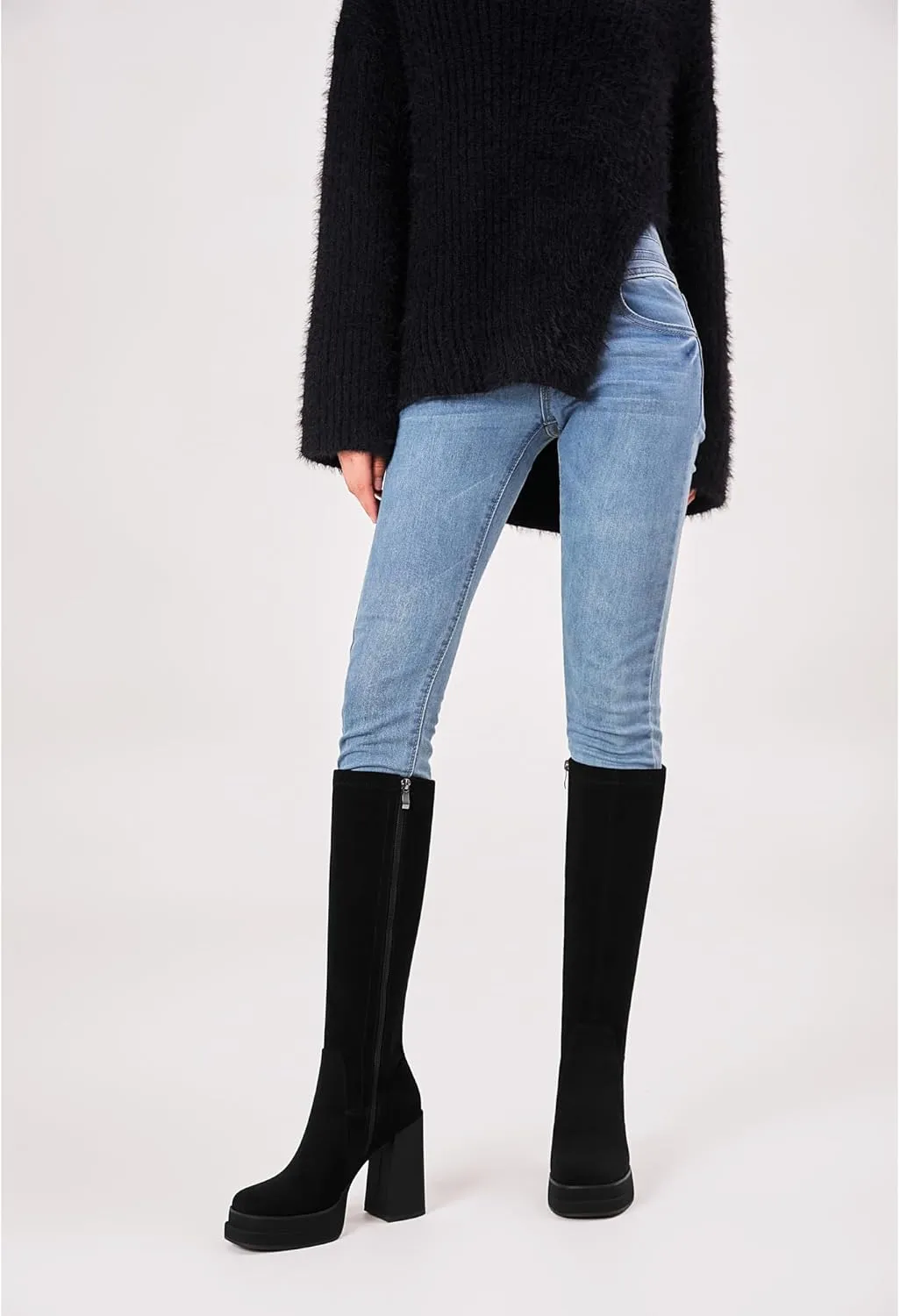 Women's Black Platform Knee High Boots Womens High Chunky Heel Square Toe Stretchy Platform Long Boots Shoes for Women(not for wide calf)