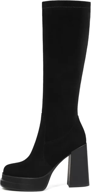 Women's Black Platform Knee High Boots Womens High Chunky Heel Square Toe Stretchy Platform Long Boots Shoes for Women(not for wide calf)