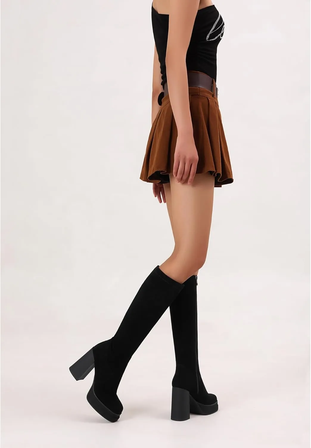 Women's Black Platform Knee High Boots Womens High Chunky Heel Square Toe Stretchy Platform Long Boots Shoes for Women(not for wide calf)