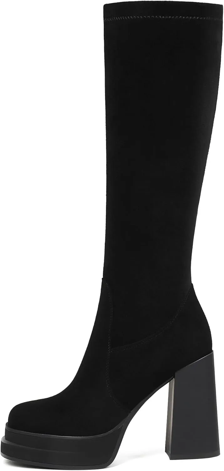 Women's Black Platform Knee High Boots Womens High Chunky Heel Square Toe Stretchy Platform Long Boots Shoes for Women(not for wide calf)