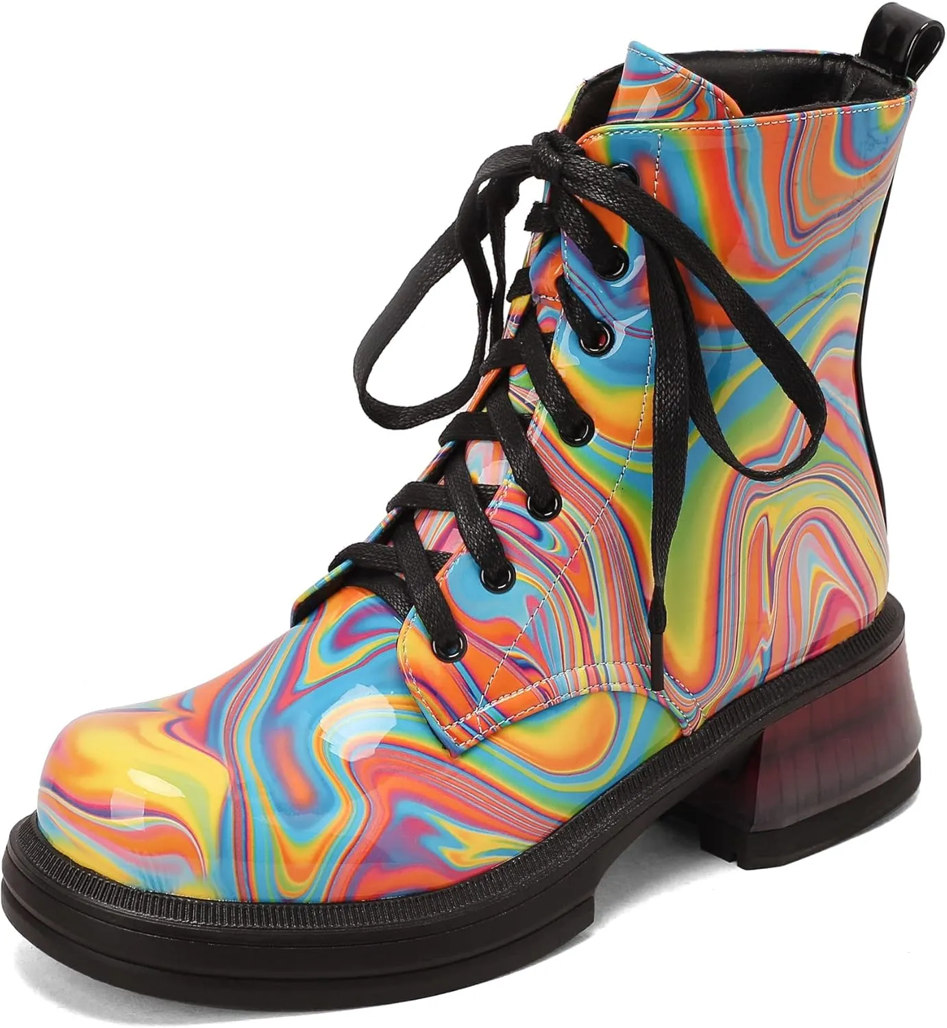 Women's Colorful Combat Ankle Boots Round Toe Platform Lace Up Ankle Boots Sparkly Ankle Boots