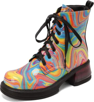 Women's Colorful Combat Ankle Boots Round Toe Platform Lace Up Ankle Boots Sparkly Ankle Boots