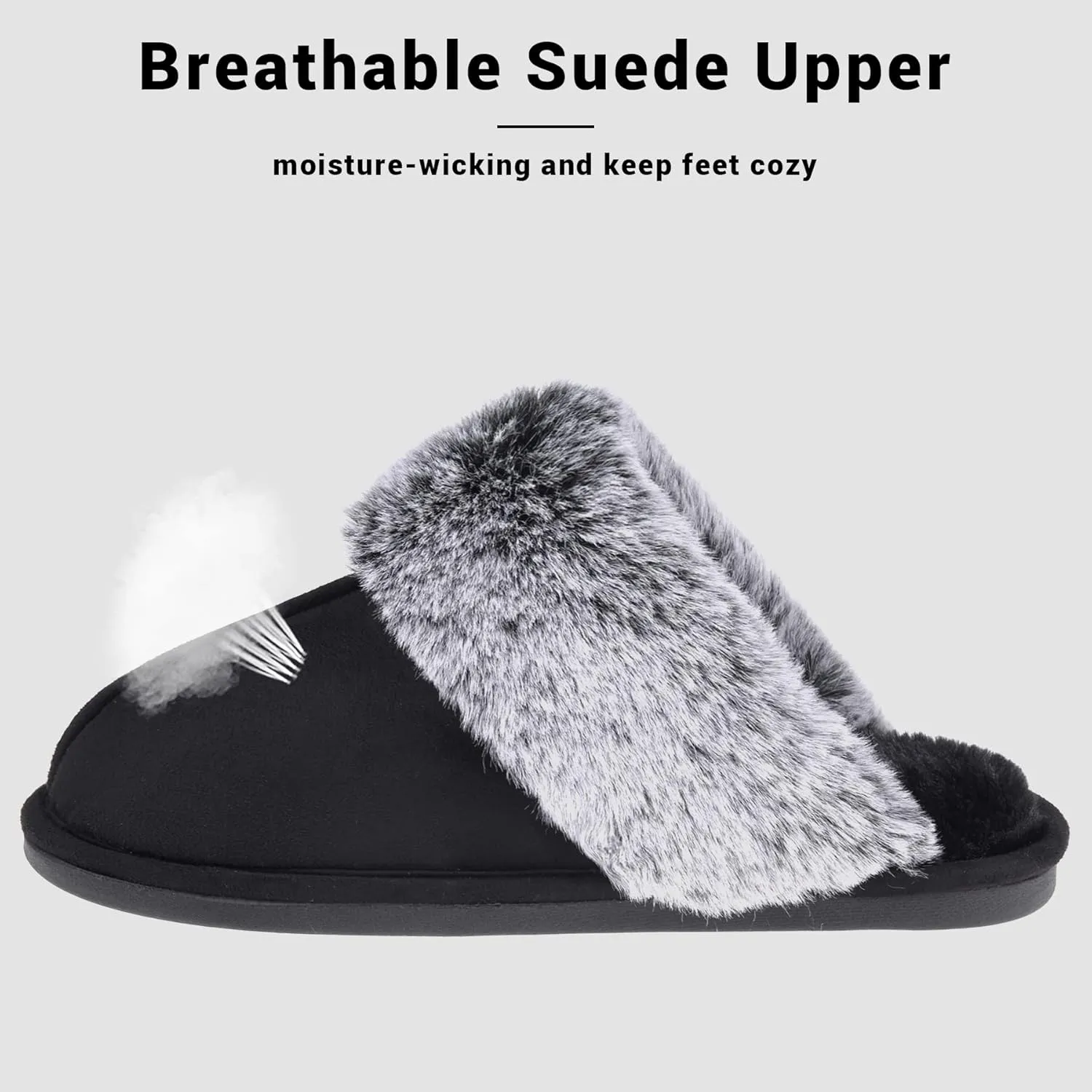 Women's Comfy Faux Fur Scuff Slippers Micro Suede Memory Foam Slip on Fuzzy Slide House Shoes Anti-Skid Sole