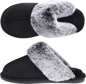 Women's Comfy Faux Fur Scuff Slippers Micro Suede Memory Foam Slip on Fuzzy Slide House Shoes Anti-Skid Sole