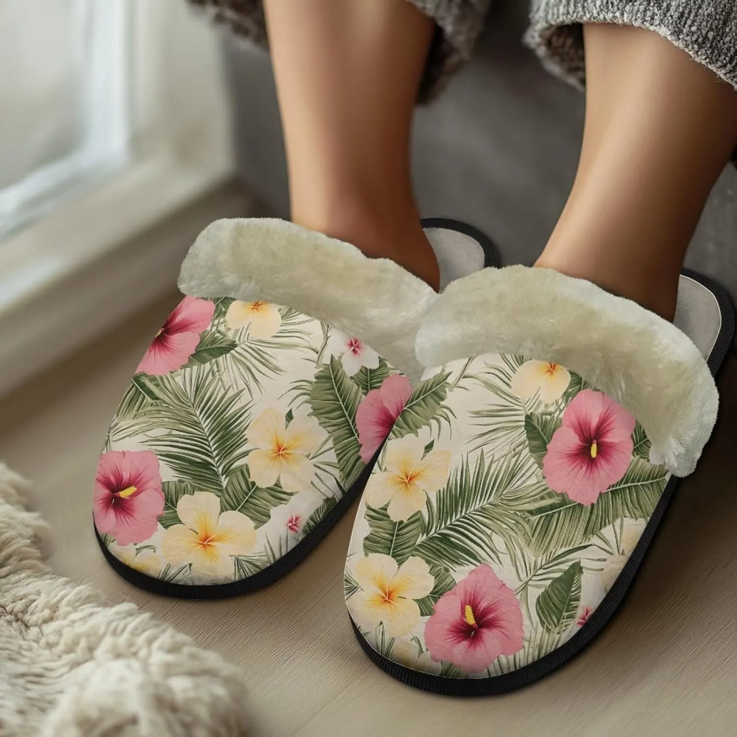 Women's Cotton Slipper Warm Furry Bedroom House Slipper Soft Fluffy Collar Winter Non-Slip House Outdoor Slipper for Ladies XS-XL