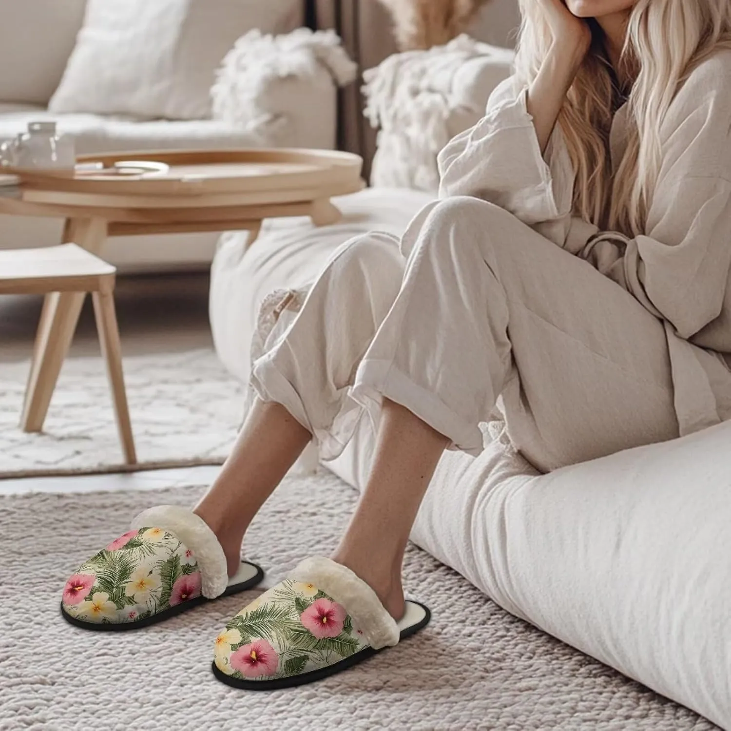 Women's Cotton Slipper Warm Furry Bedroom House Slipper Soft Fluffy Collar Winter Non-Slip House Outdoor Slipper for Ladies XS-XL