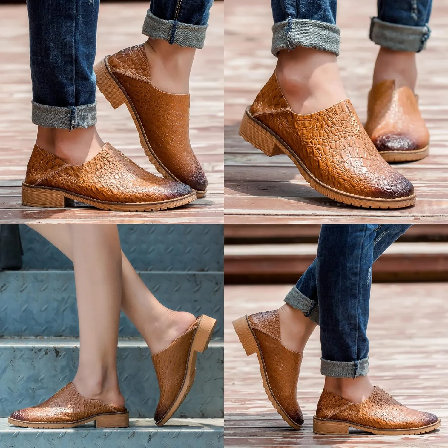 Women's Fashion Leather Penny Loafer Drop-in Heel Slip On Flats Mules Shoes